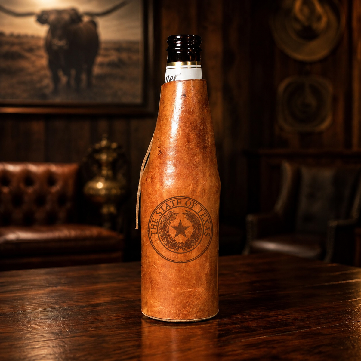 Handmade Leather Koozie-Texas State Seal